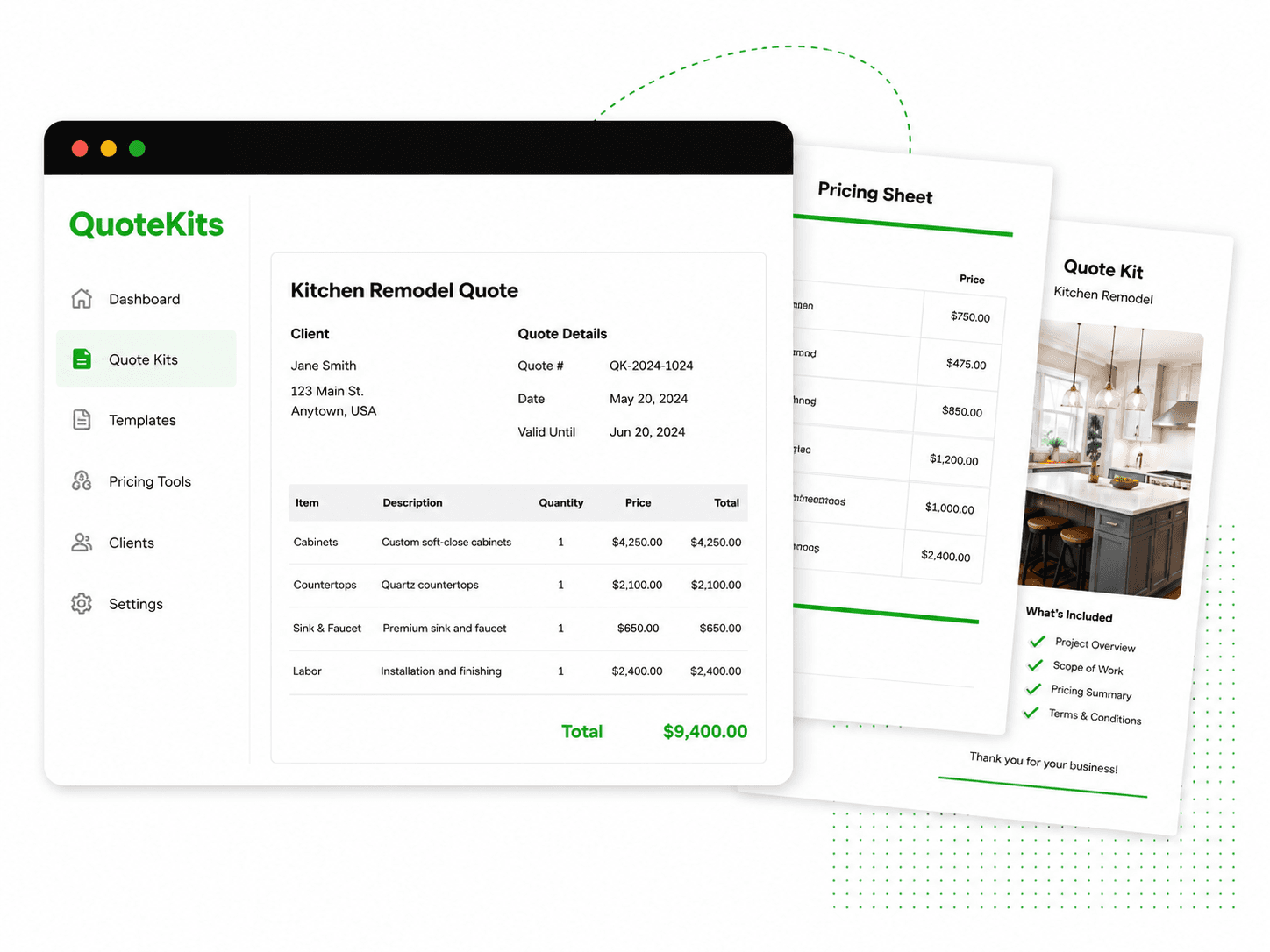 QuoteKits kitchen remodel quote, pricing sheet, and customer quote kit